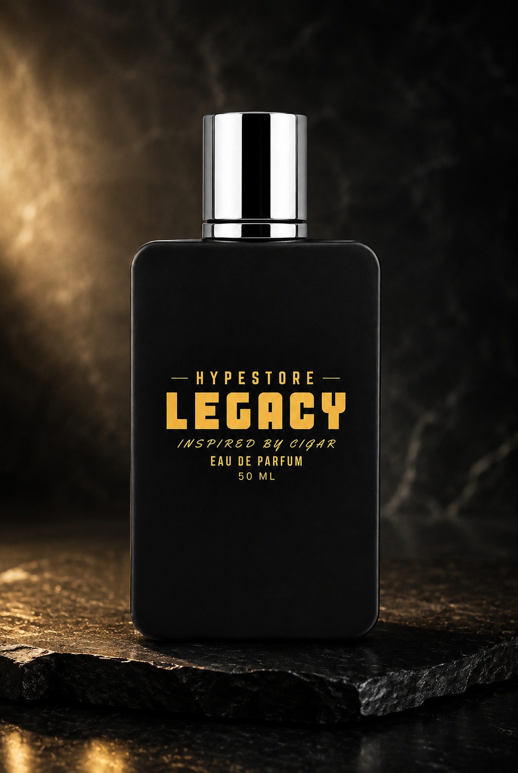 Hypestore Legacy Eau de Parfum 50ml bottle on dark stone surface