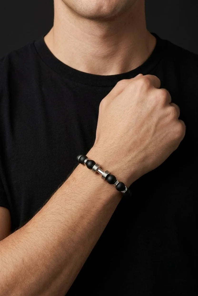 Black Matte Bead Bracelet with Gold & Silver Dumbbell Charm